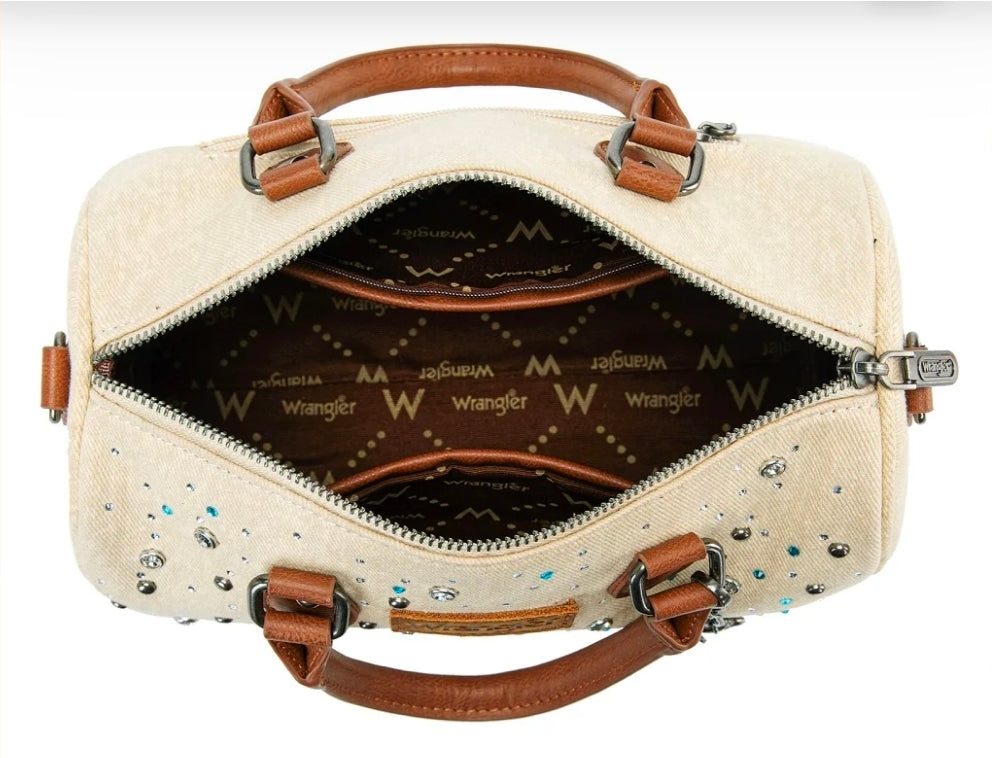 Wrangler Western Rhinestone Denim Boston Bag/Crossbody - Tan