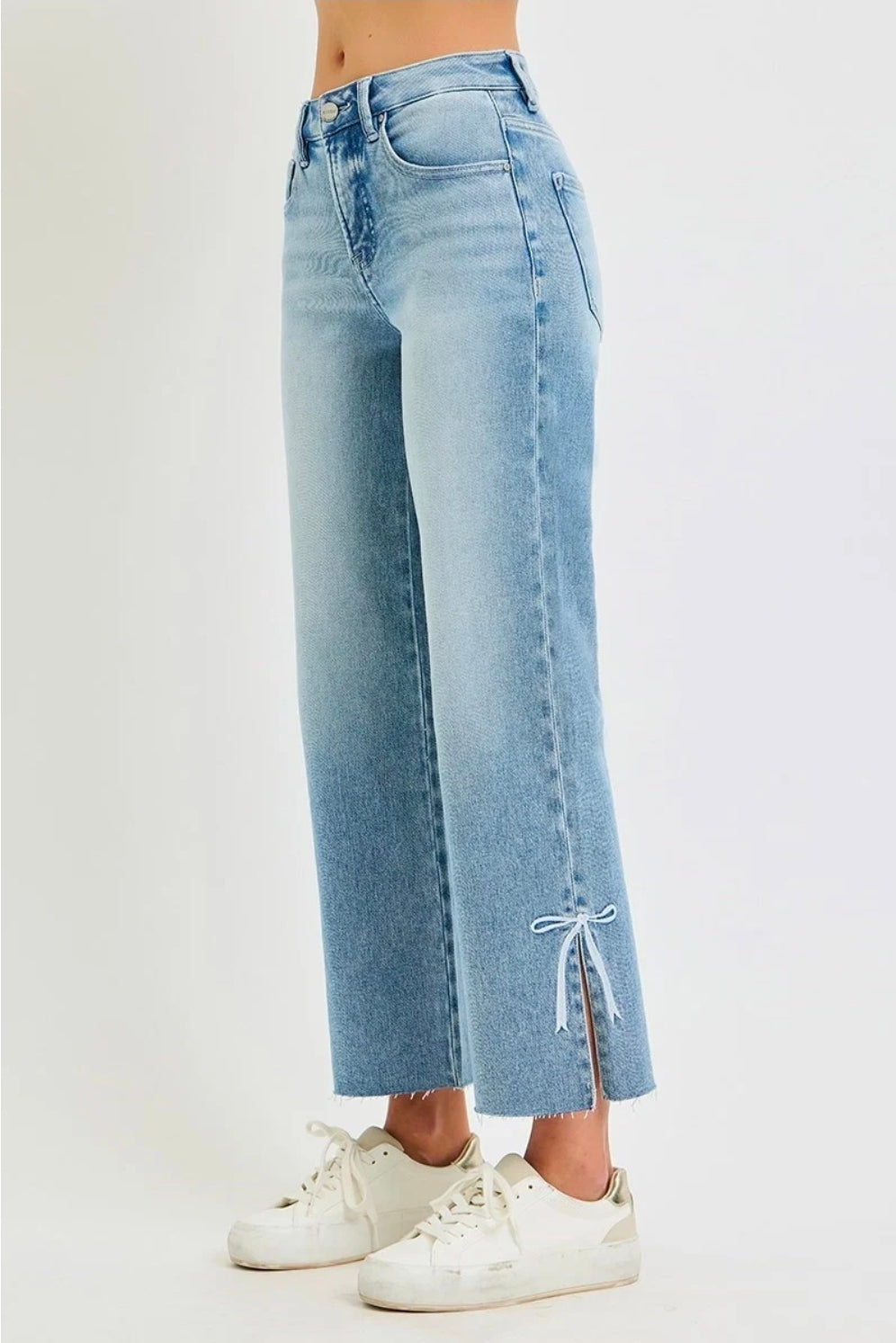 RISEN Crop Side Slit Ribbon Embroidered Jeans