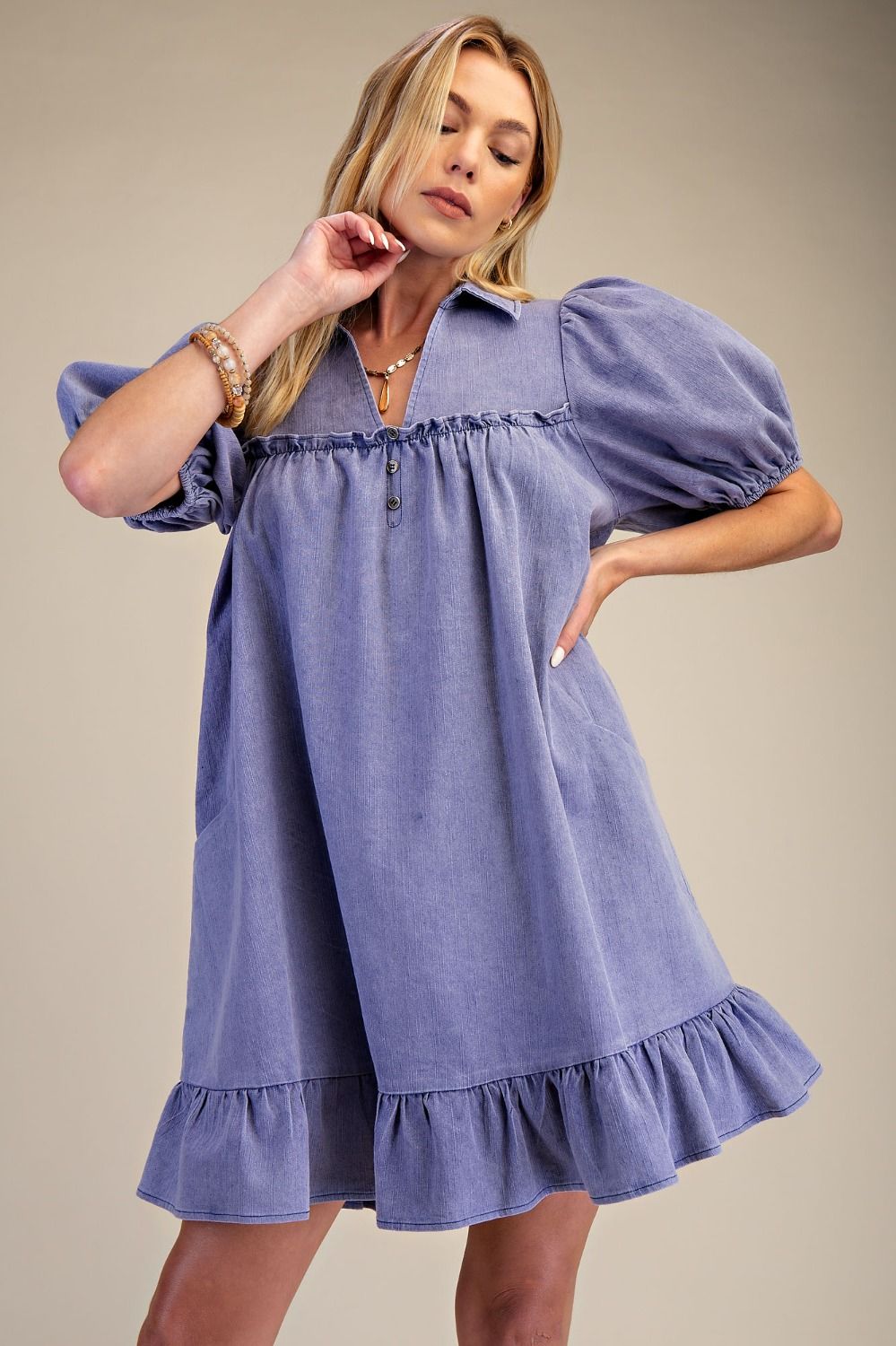 RUFFLE BOTTOM WASHED CHAMBRAY DRESS