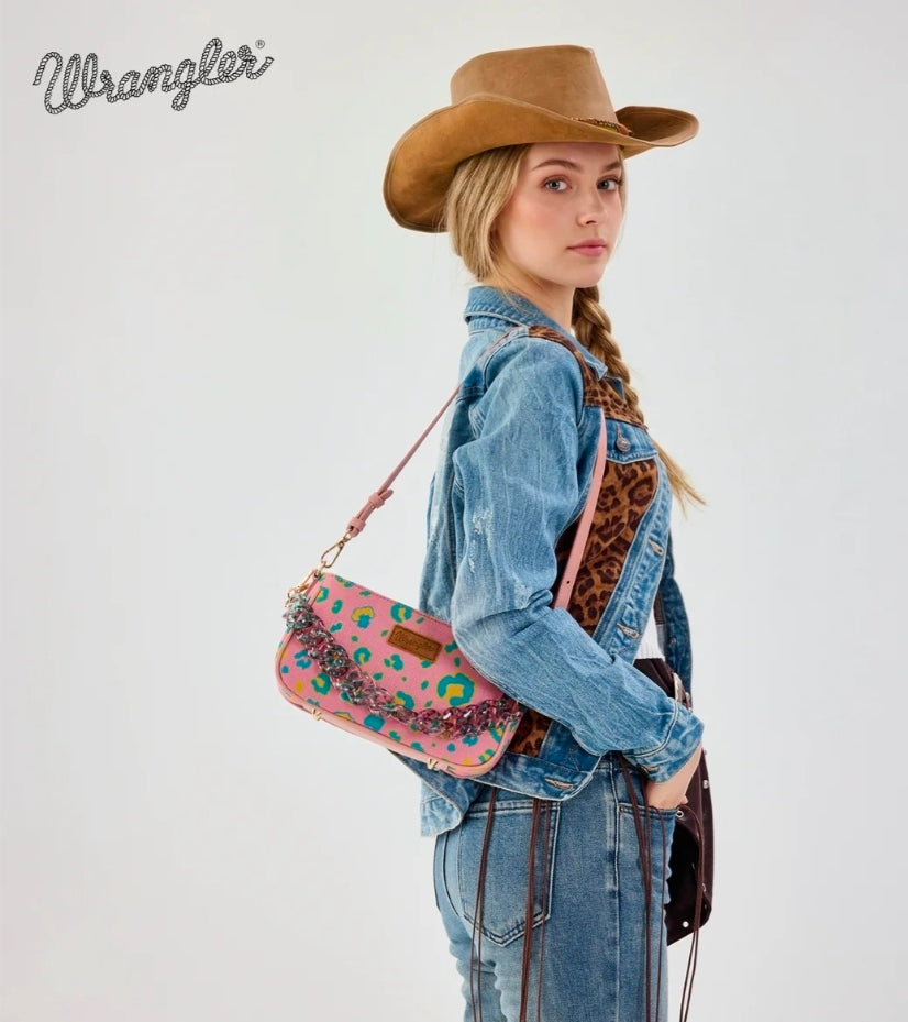 Wrangler Leopard Print Canvas Shoulder Bag with Chain Strap - Pink