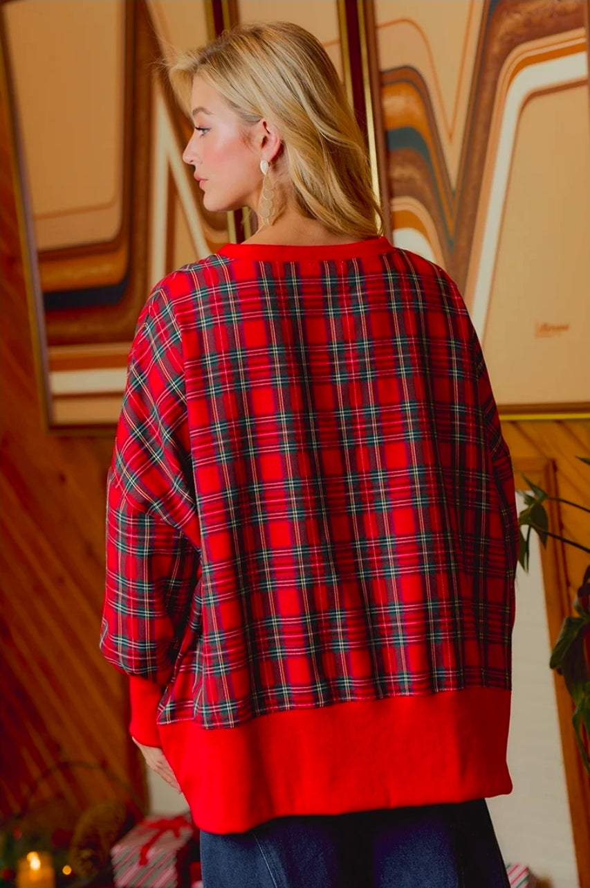 CHRISTMAS TARTAN PLAID MERRY CHENILLE PATCH SWEATSHIRT