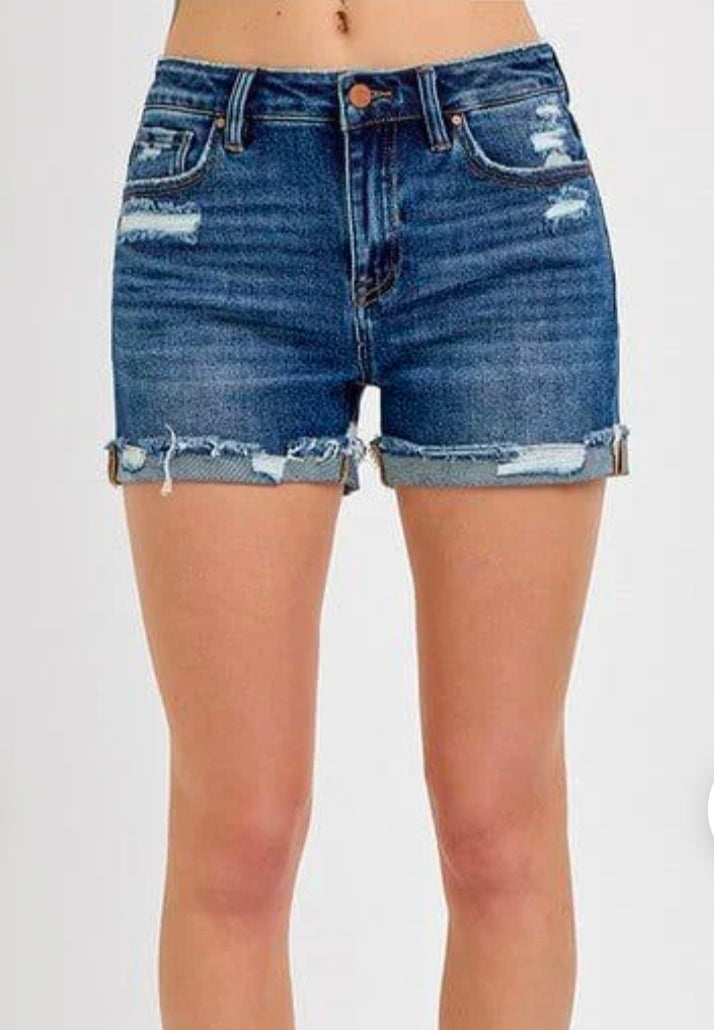 Risen Mid Rise Distressed Cuffed Denim Shorts