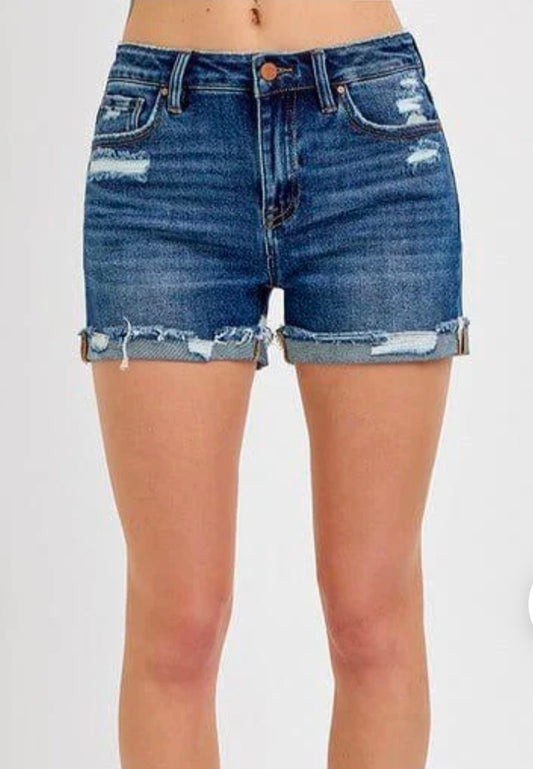 Risen Mid Rise Distressed Cuffed Denim Shorts