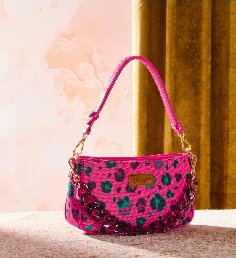 Wrangler Leopard Print Canvas Shoulder Bag with Chain Strap - Hot Pink