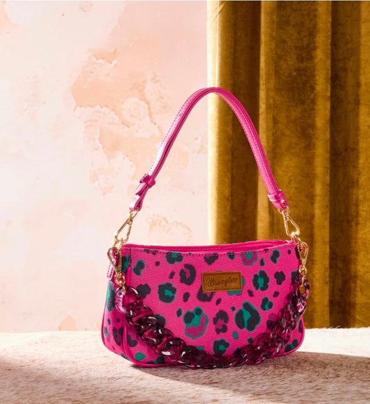 Wrangler Leopard Print Canvas Shoulder Bag with Chain Strap - Hot Pink