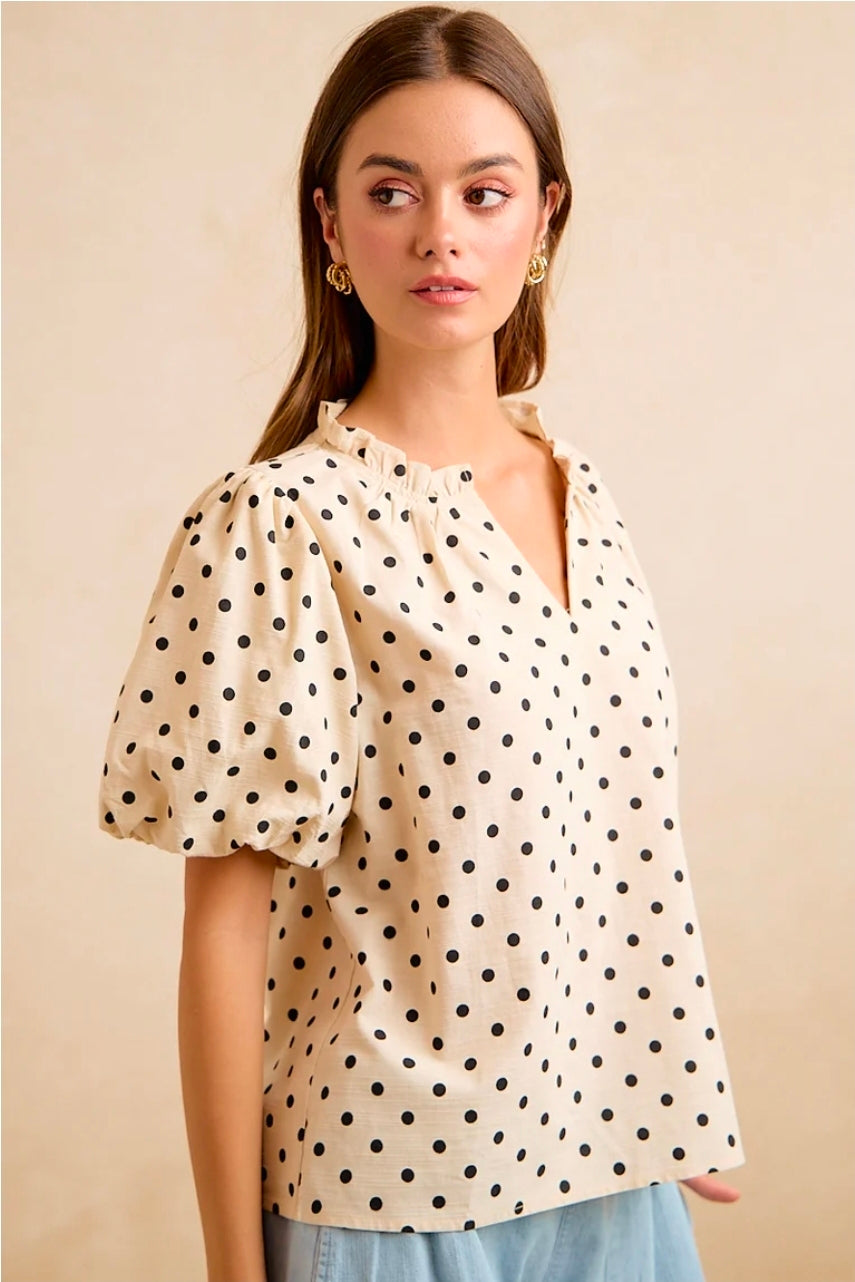 LINEN BLEND POLKA DOT PRINT BUBBLE SLEEVE BLOUSE TOP
