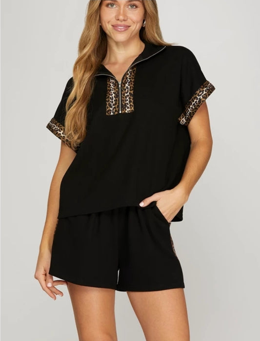 Black Leopard Trim Short Set