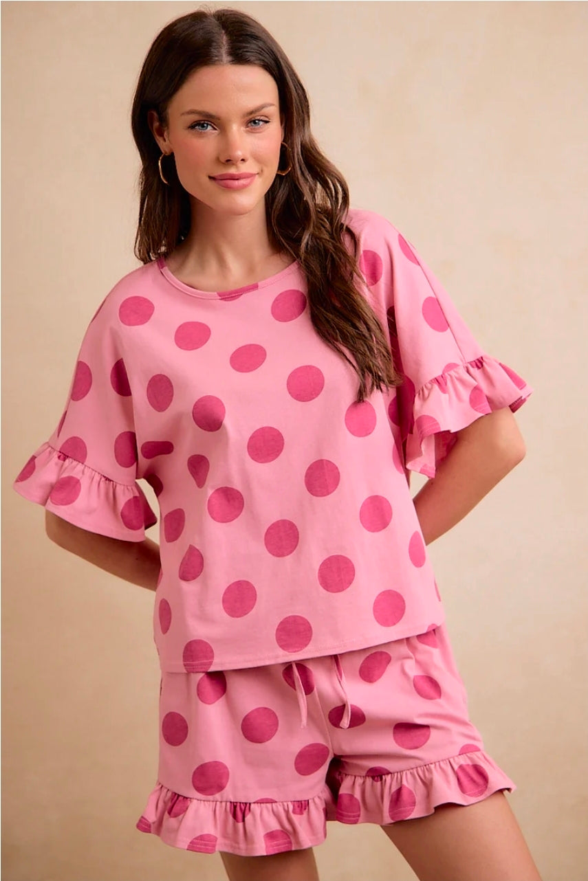 Blush Pink POLKA DOTS PRINTED RUFFLED DETAIL TOP AND SHORTS SET