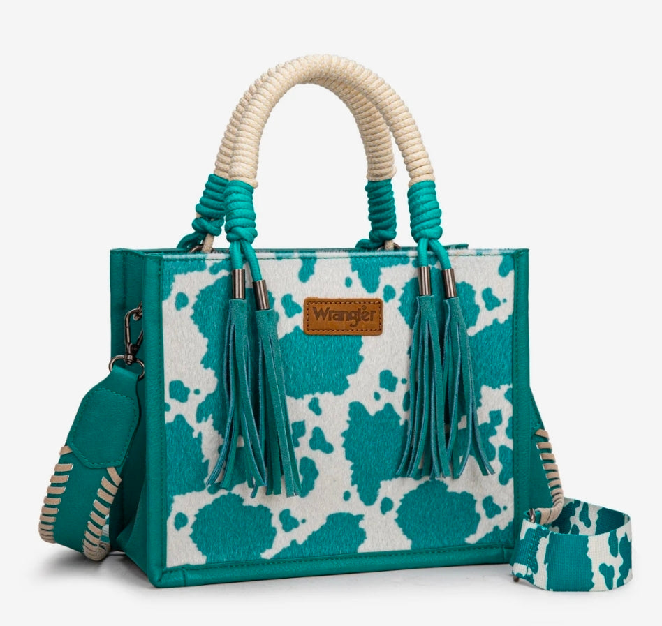 Wrangler Cow Print Tote/Crossbody -Turquoise