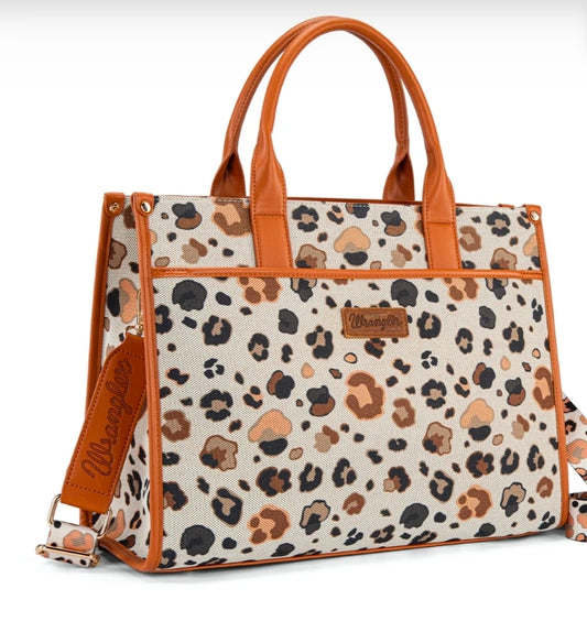 Wrangler Leopard Print Canvas Oversized Tote with Adjustable Strap - Brown