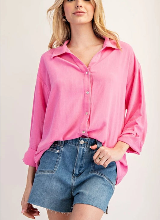 Bubble Pink Solid Long Sleeve Button Down Top