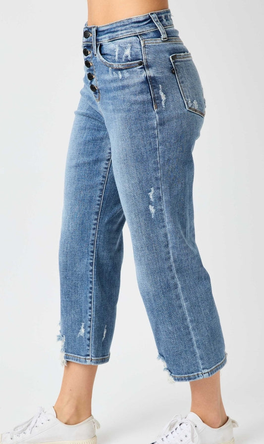 Judy Blue Button Fly Wide Leg Crop with Destroy