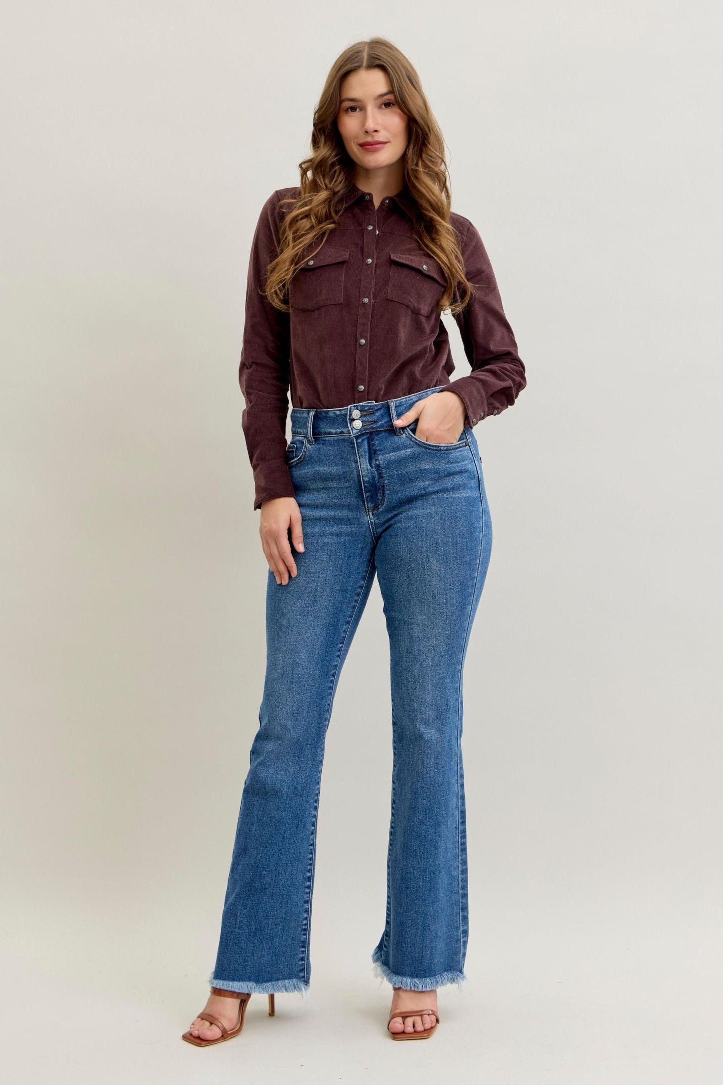 Judy Blue High Waist Double Button Fray Hem Bootcut Denim Jeans