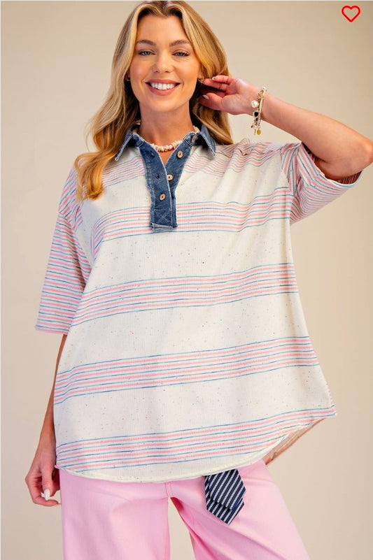STRIPED MELANGIE KNIT BUTTON FRONT SHIRT TOP