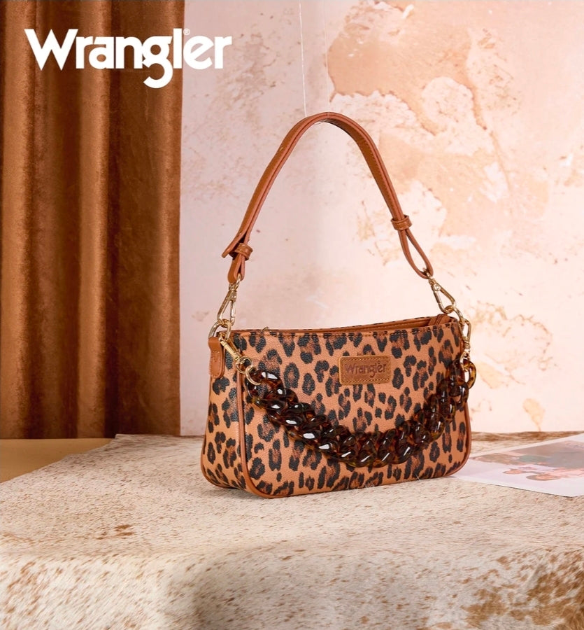 Wrangler Western Leopard Print Shoulder Bag with Chain Detail - Brown