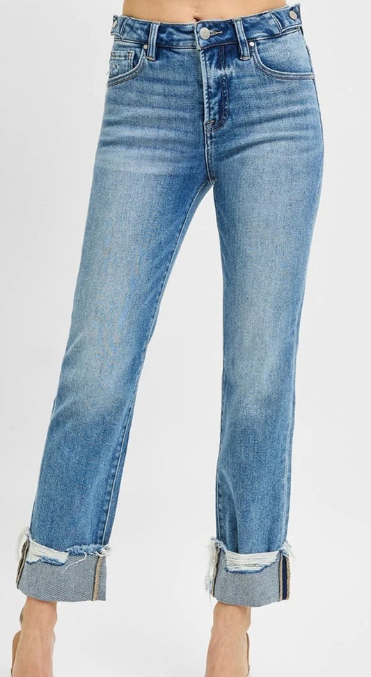 Risen Jeans Tummy Control High Rise Crop Straight Cuffed Jeans