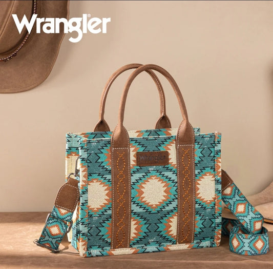 Wrangler Aztec Distressed Print Dual Sided Print -Tote/Crossbody - Turquoise
