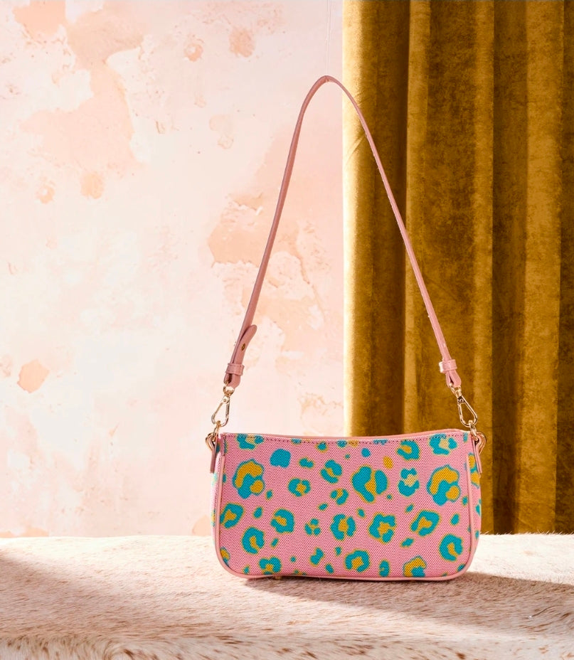 Wrangler Leopard Print Canvas Shoulder Bag with Chain Strap - Pink
