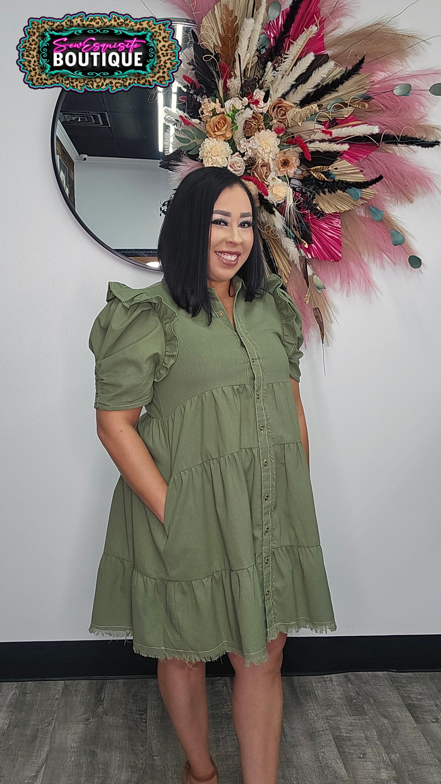 Olive Linen Button Up Shirt Dress