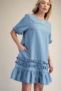 RUFFLE BOTTOM WASHED DENIM DRESS