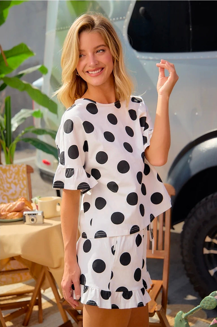 Ivory Black POLKA DOTS PRINTED RUFFLED DETAIL TOP AND SHORTS SET
