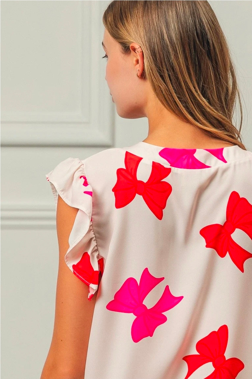 BOW PRINTED WOVEN RUFFLED SLEEVES V NECK TOP