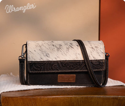 Wrangler Genuine Hair-On Cowhide Wallet/Crossbody -Black