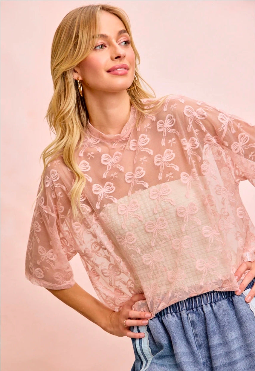 BOW PATTERN SHORT SLEEVES BOXY MESH TOP DUSTY ROSE