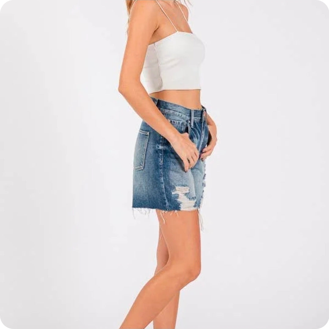 Petra HIGH RISE RIGID RELAXED MIDI SHORT W/ FRAYED HEM