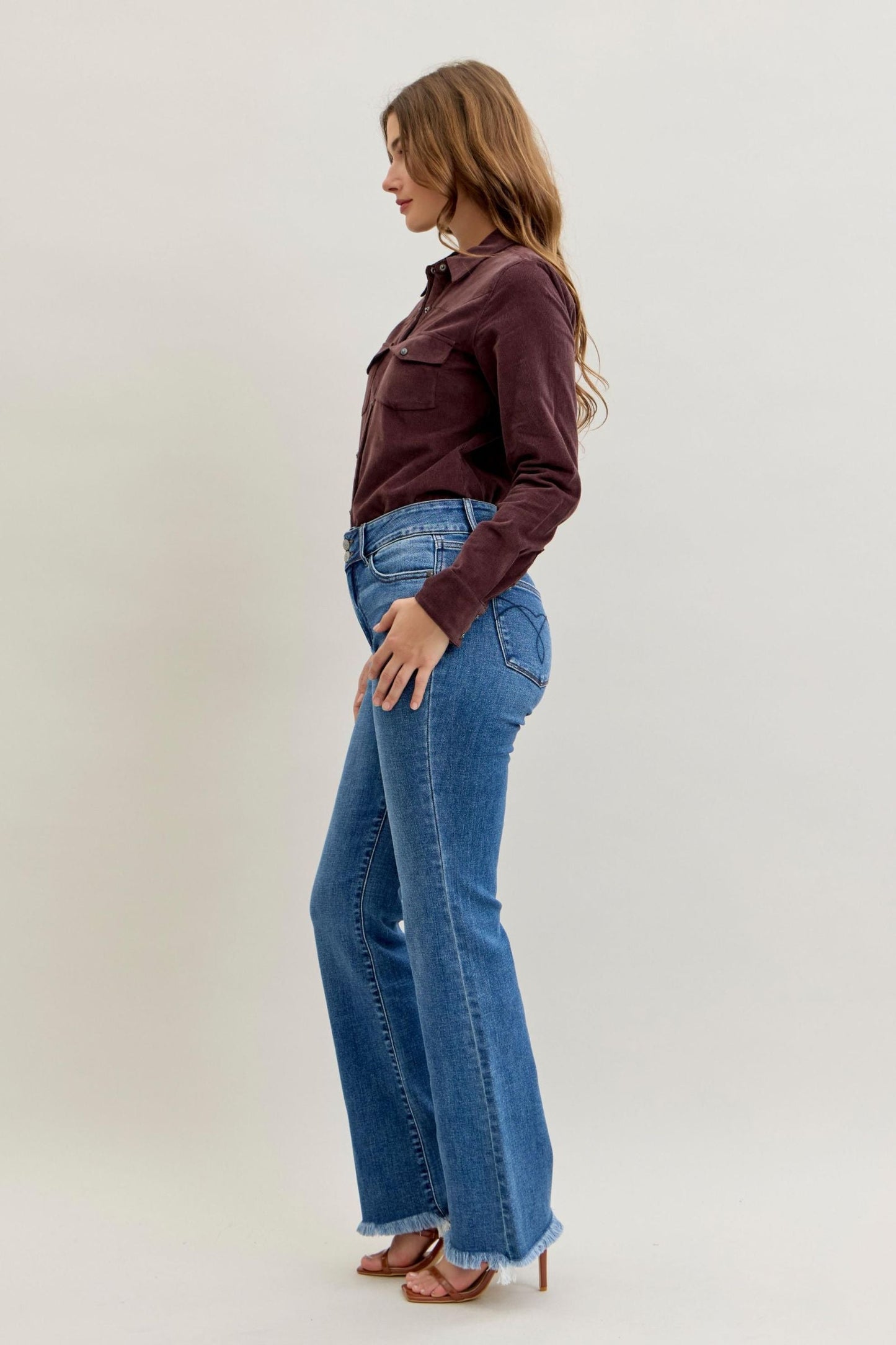 Judy Blue High Waist Double Button Fray Hem Bootcut Denim Jeans
