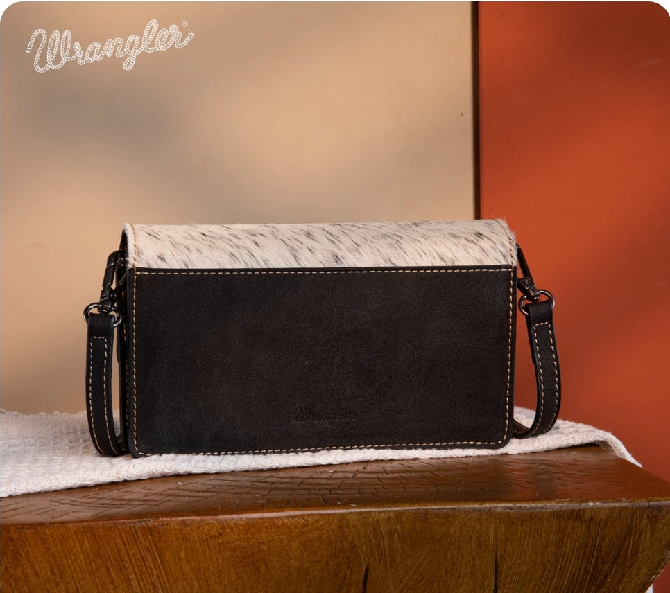 Wrangler Genuine Hair-On Cowhide Wallet/Crossbody -Black