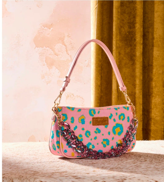 Wrangler Leopard Print Canvas Shoulder Bag with Chain Strap - Pink