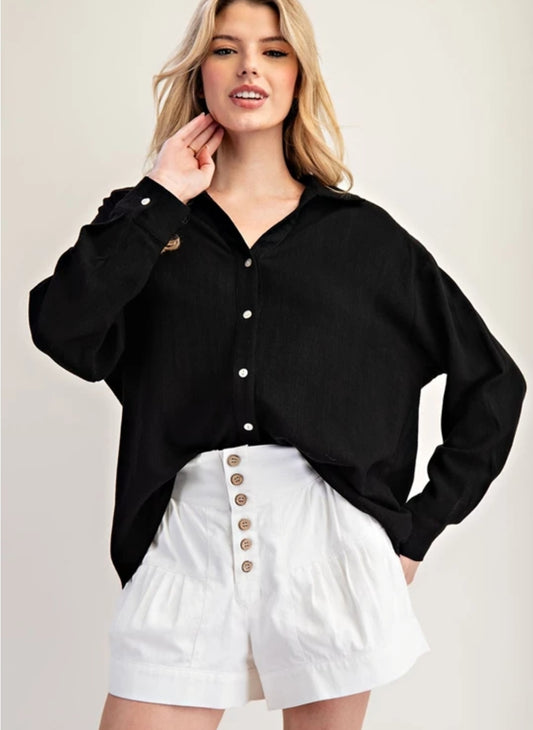 Black Solid Long Sleeve Button Down