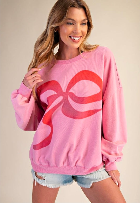 BOW PRINT FRONT WASHED TERRY PULLOVER