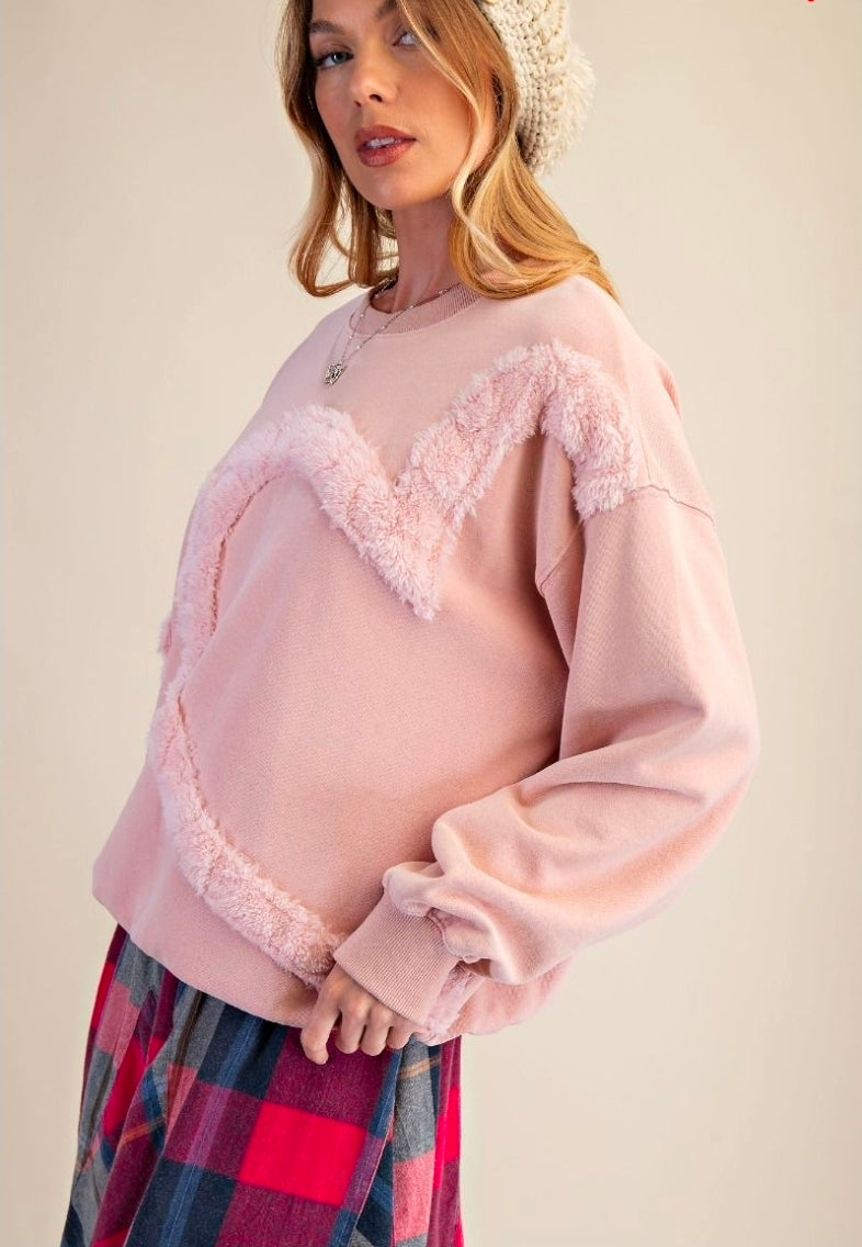 HEART FUR DETAILING WASHED TERRY PULLOVER