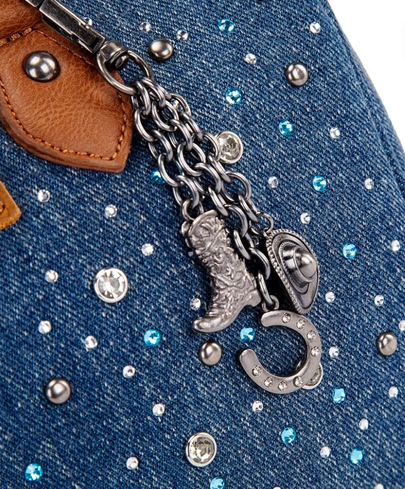 Wrangler Western Rhinestone Denim Boston Bag/Crossbody - Dark