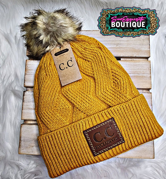 Mustard Geometric Knit Faux Fur Pom Beanie