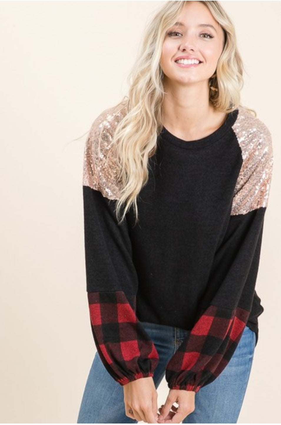 Red Plaid Sequin Long Sleeve Top