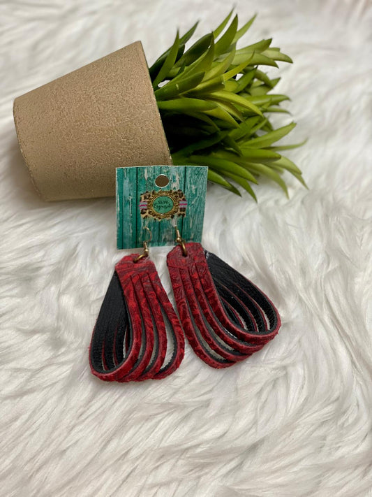 Red Damask Leather Loop Earrings