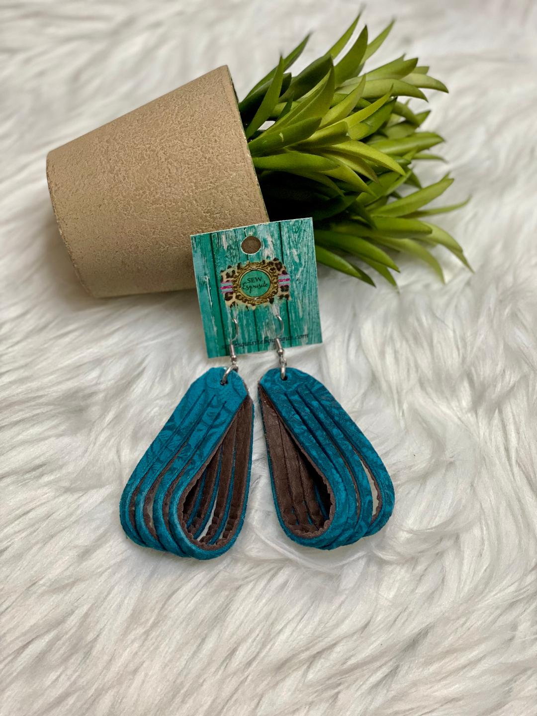 Turquoise Damask Leather Loop Earrings